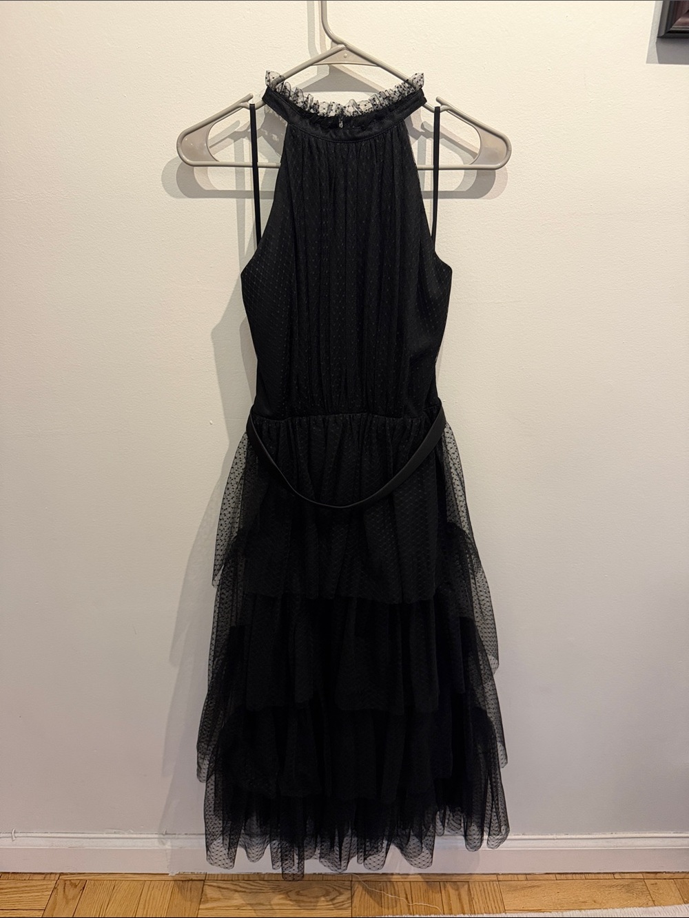 Betsy & Adam Black Tiered Tulle Halter Midi Dress — Size 4
